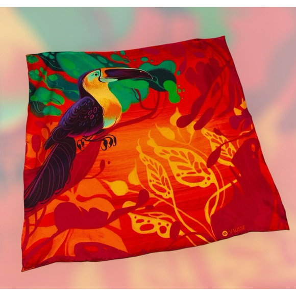 Valisse 100% Silk Carré Scarf Tropical Toucan Bird Print Square - Picture 1 of 7